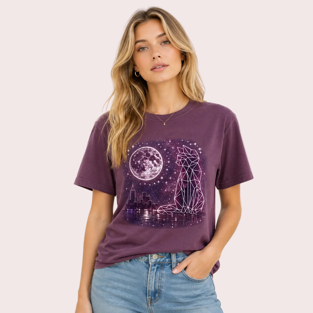 Geometric Lunar Cat T-Shirt | Minimal Tee