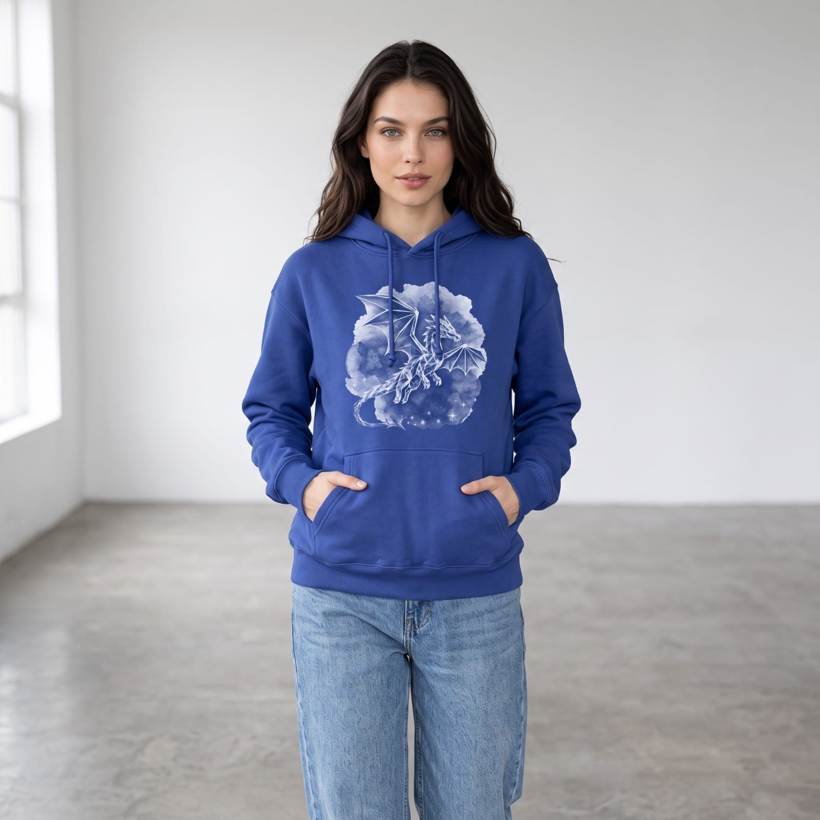 Flo Blue Geometric Dragon Hoodie | Unisex Graphic Fantasy Sweatshirt